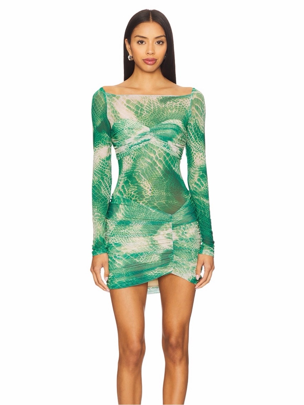 AFRM Green Snake-Print Long Sleeve Off-Shoulder Mini Dress